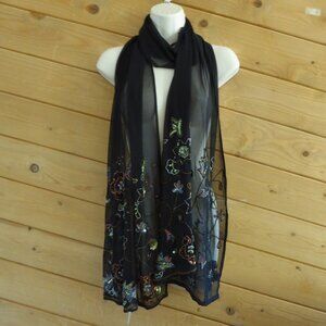 Cami Black Floral Beaded Scarf 100% Polyester Sheer NEW NWT